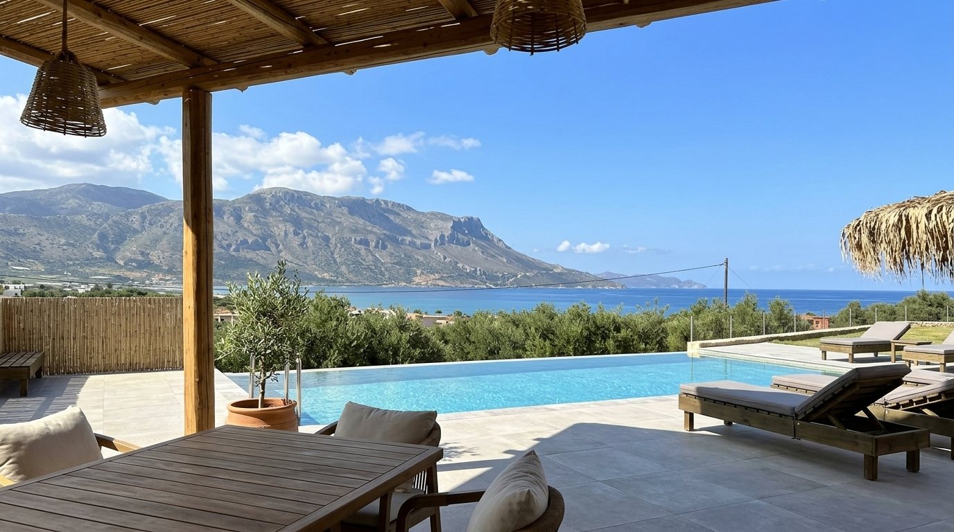 Pergola terrace with infinity pool and bay view at Nusa Retreat, Crete