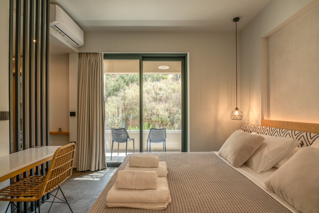 Comfortable double bedroom with quality mattress at Nusa Balos villa, Crete