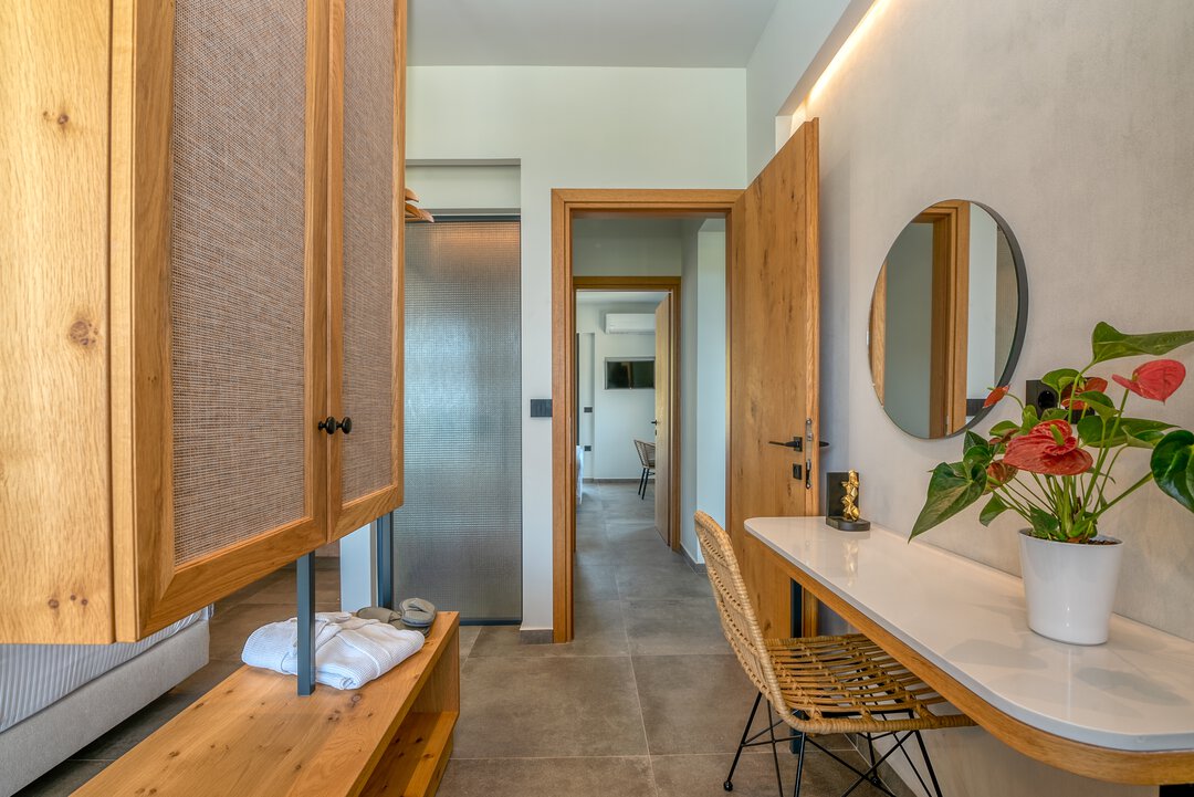 Light-filled bedroom with modern decor at Nusa Balos villa, Crete